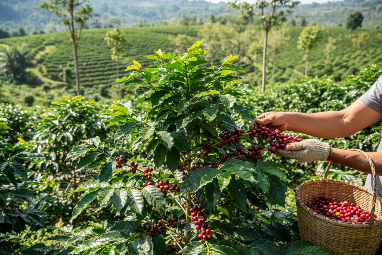 Coffee beans being pick on a coffee farm 