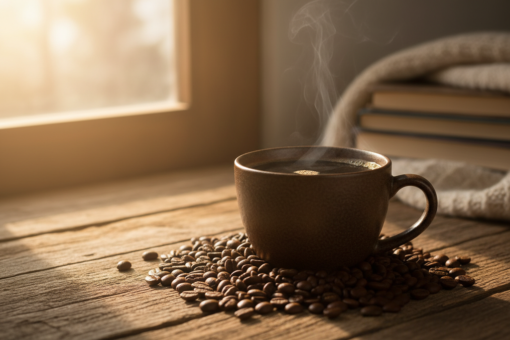 Coffee cup with beans around it on table 